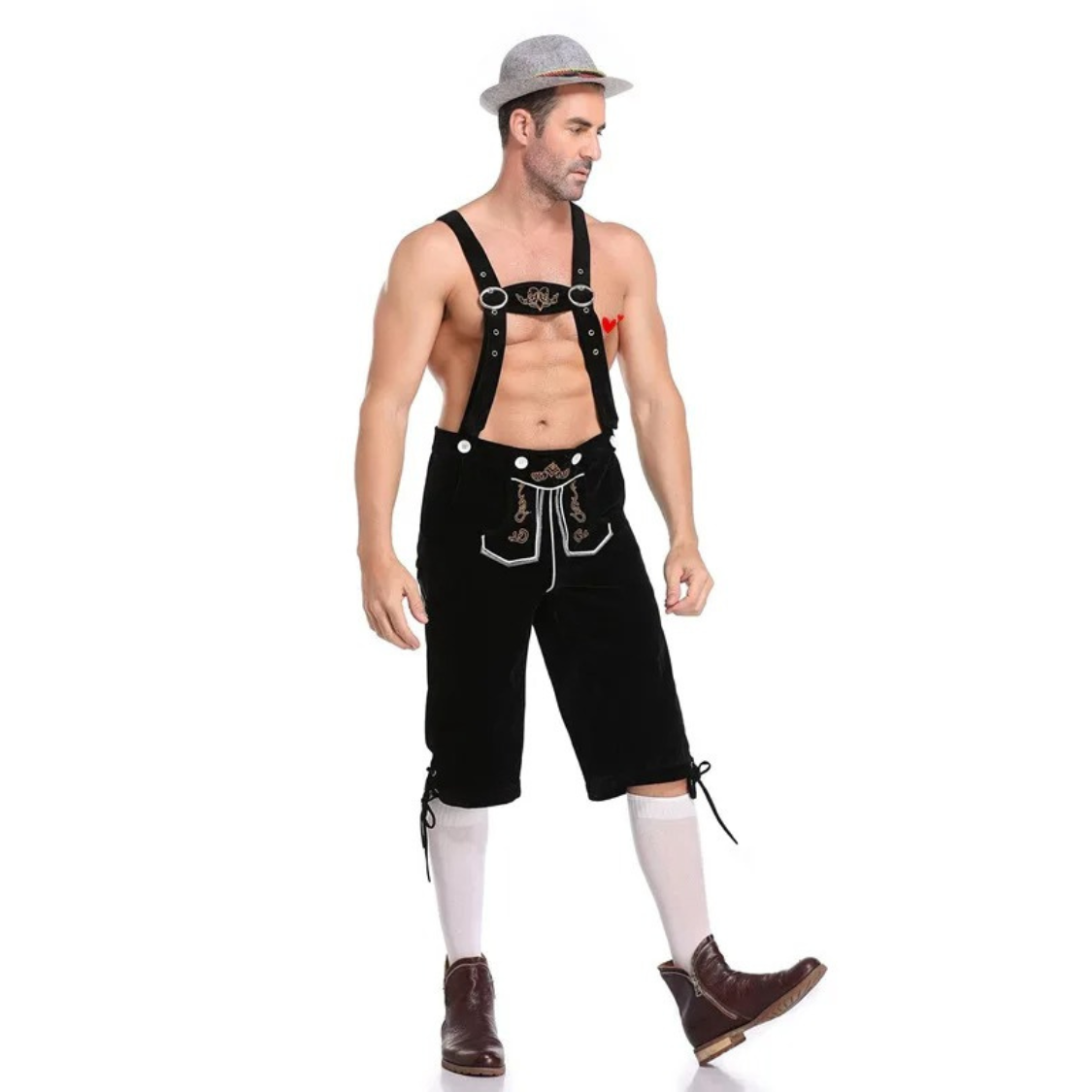 VeldenH - Traditionele Heren Lederhosen Set met Geruit Shirt en Bretels