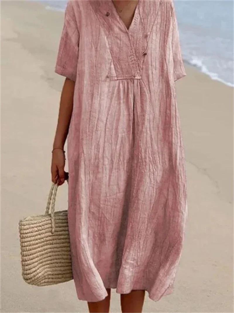 MonAmi® roze eenvoudige knoop fleece linnen jurk