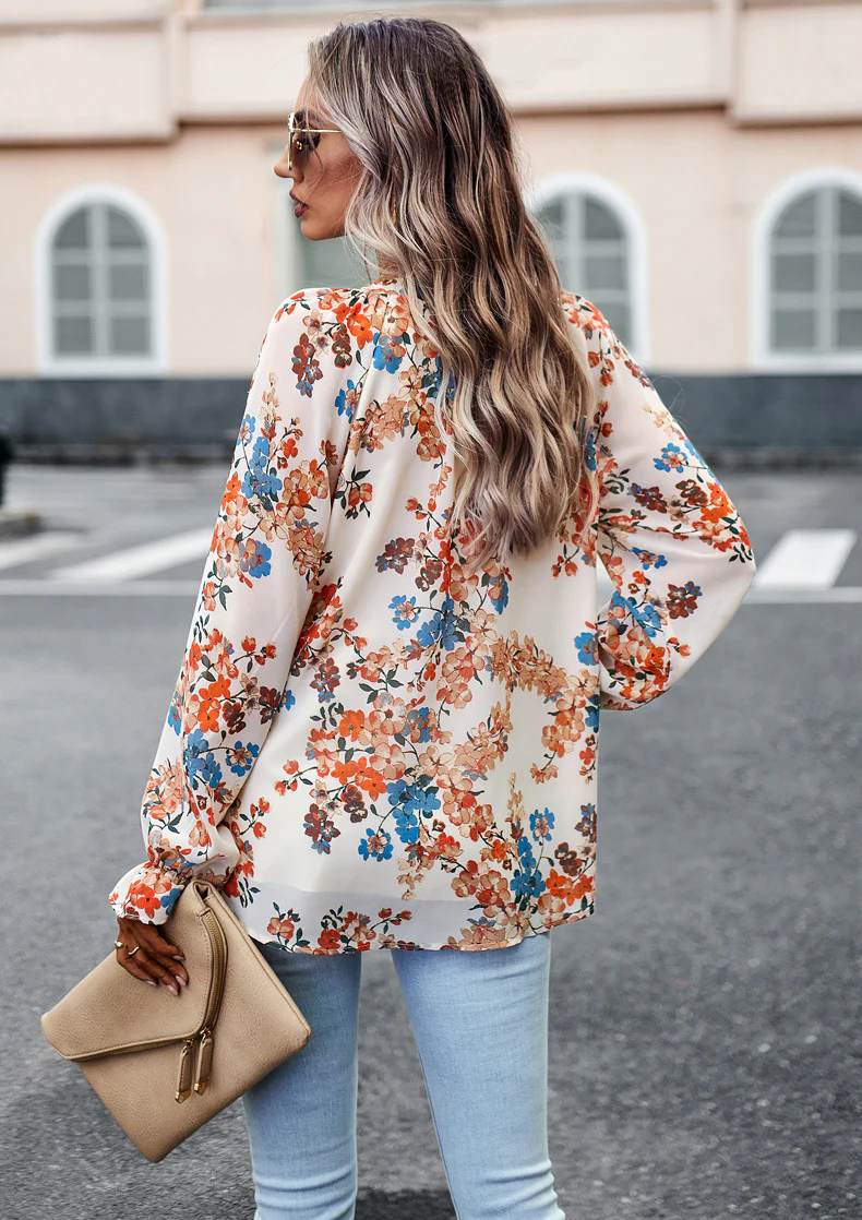 Tavirea - Dames Blouse met Bloemenprint, Lange Mouw, V-Hals, Casual Pasvorm