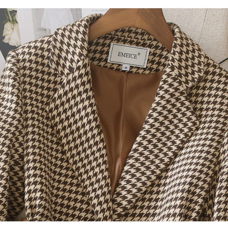 Elorina - Dames Houndstooth Blazer met Riem, Lange Mouw, Getailleerde Pasvorm