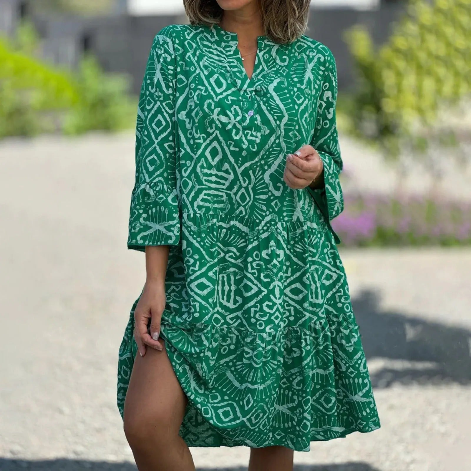 MonAmi® ehtnische grafische print bandkraag boho jurken