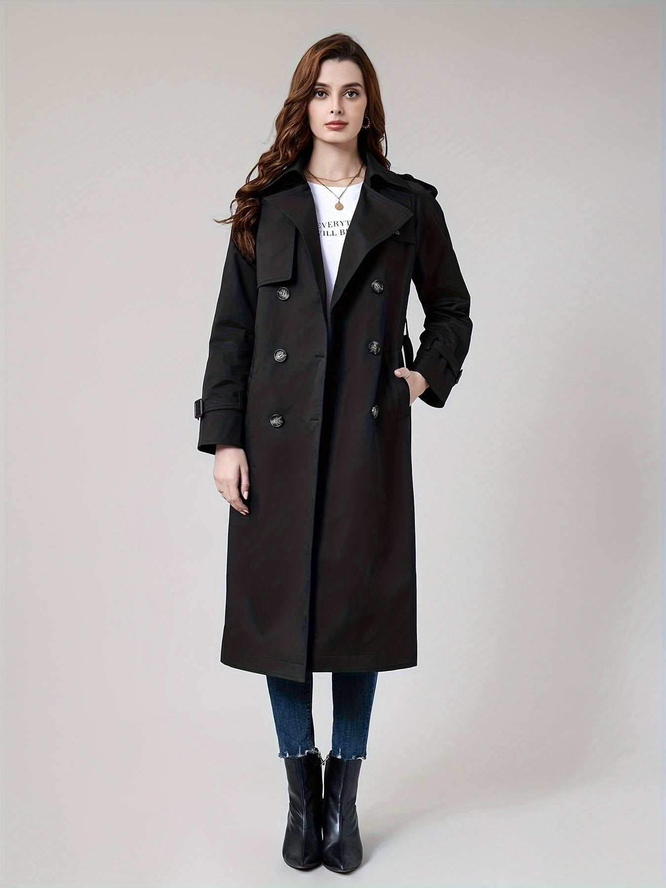 Coatela Dames Lange Dubbel Geknoopte Trenchcoat met Riem – Klassieke Getailleerde Pasvorm