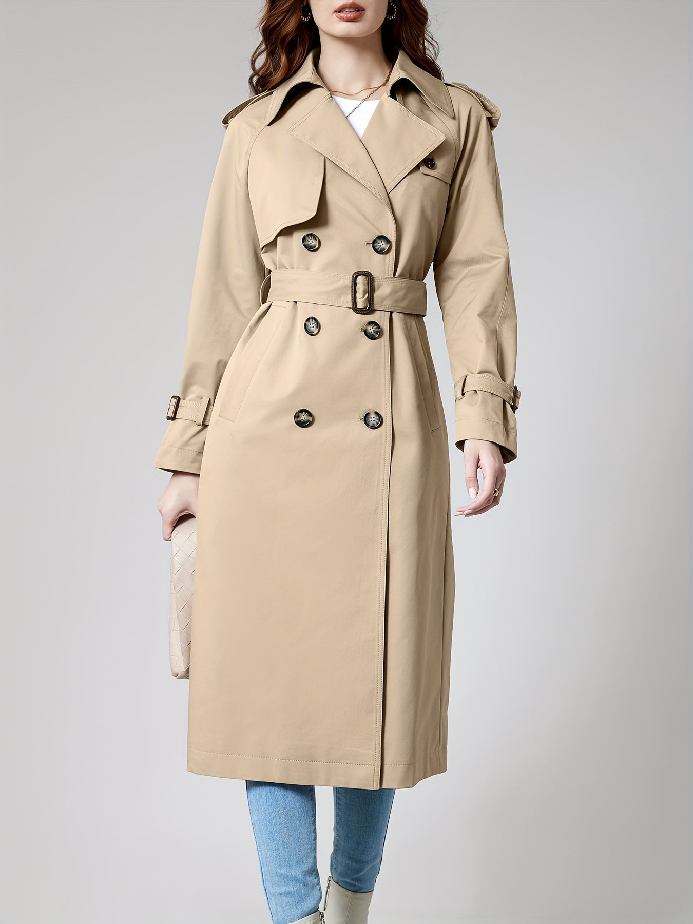 Coatela Dames Lange Dubbel Geknoopte Trenchcoat met Riem – Klassieke Getailleerde Pasvorm