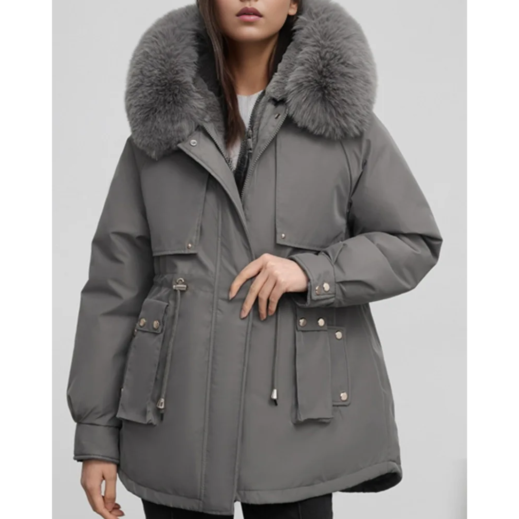 MonAmi effen kleur bontkraag parka winterjas dames