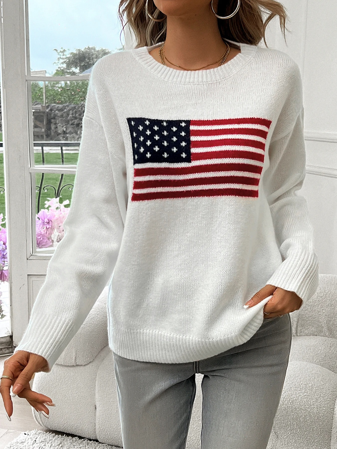 Echtely - Casual Gebreide Trui Met Amerikaanse Vlagprint – Dames Trui