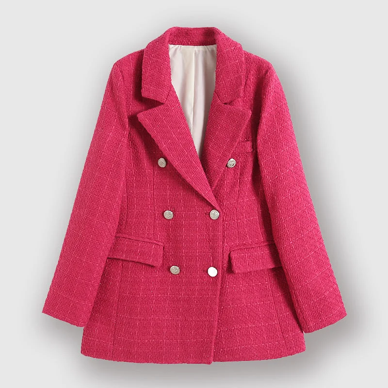 Rovelle - Dames Dubbelrijige Tweed Blazer, Reverskraag, Knoopdetails