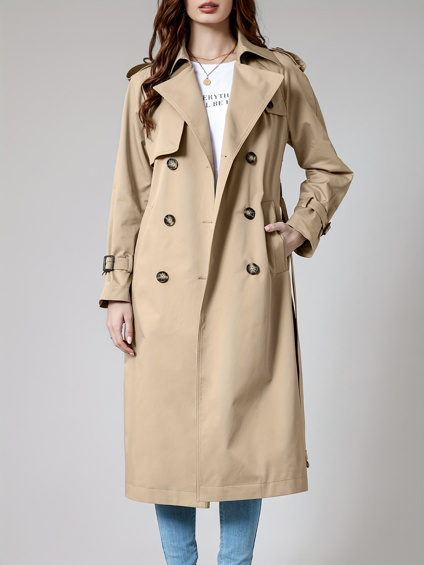 Coatela Dames Lange Dubbel Geknoopte Trenchcoat met Riem – Klassieke Getailleerde Pasvorm