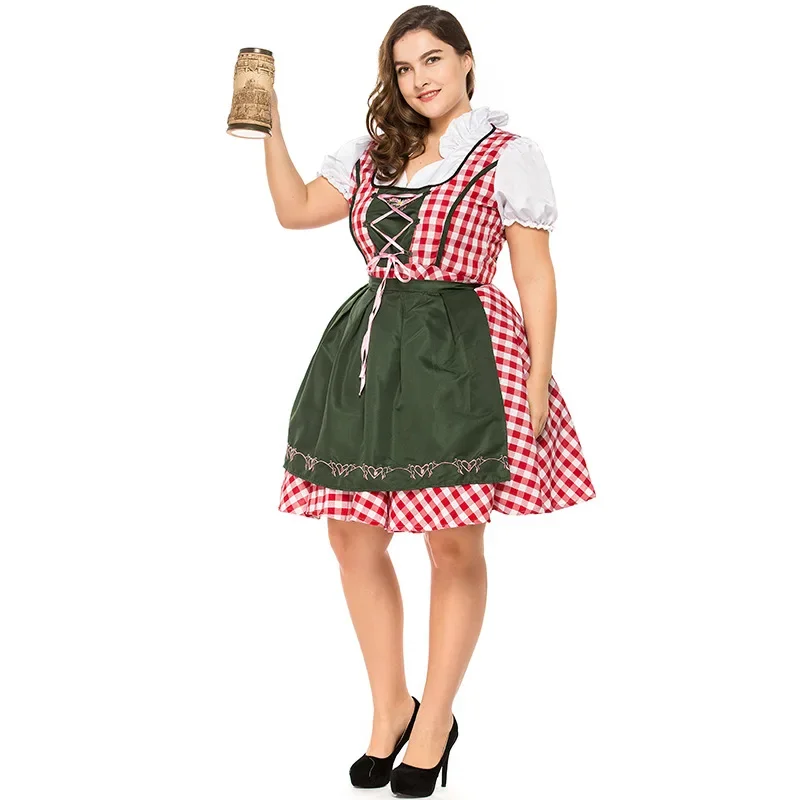 Kirdira - Dirndl Dames Geruite Jurk met Schort en Kanten Details