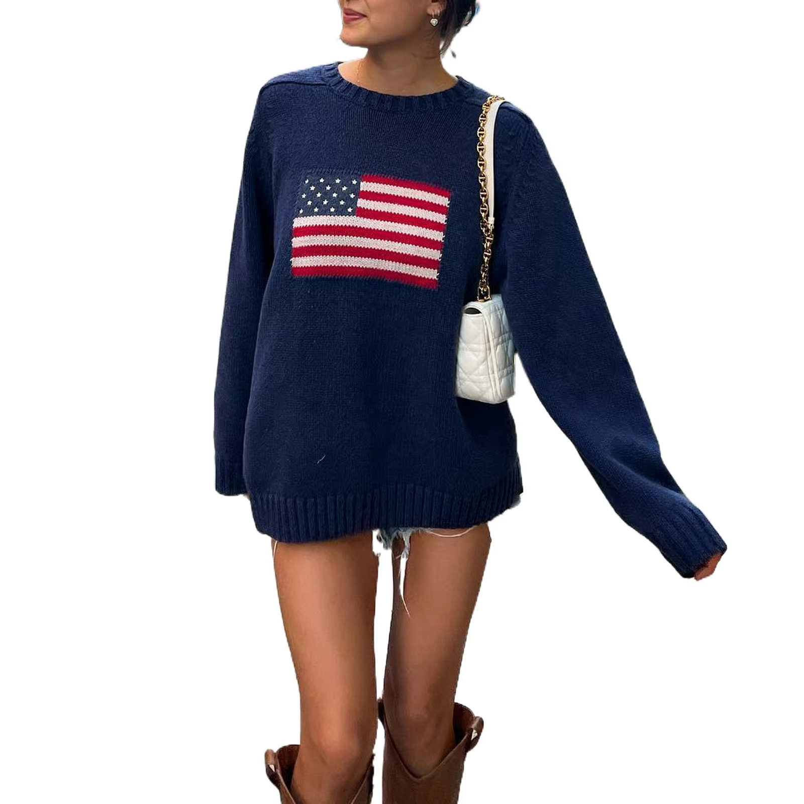 Smakely - Gebreide Pullover Met Amerikaanse Vlagdetail – Dames Trui