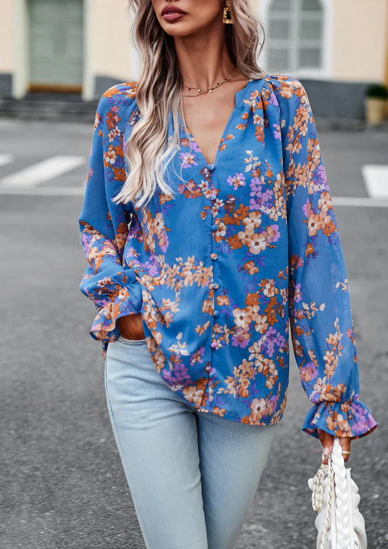 Tavirea - Dames Blouse met Bloemenprint, Lange Mouw, V-Hals, Casual Pasvorm