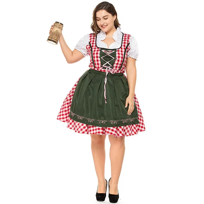 Kirdira - Dirndl Dames Geruite Jurk met Schort en Kanten Details