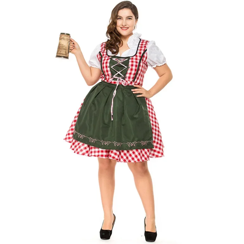 Kirdira - Dirndl Dames Geruite Jurk met Schort en Kanten Details