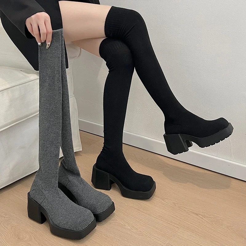 MonAmi elastische overknee laarzen met ronde teen