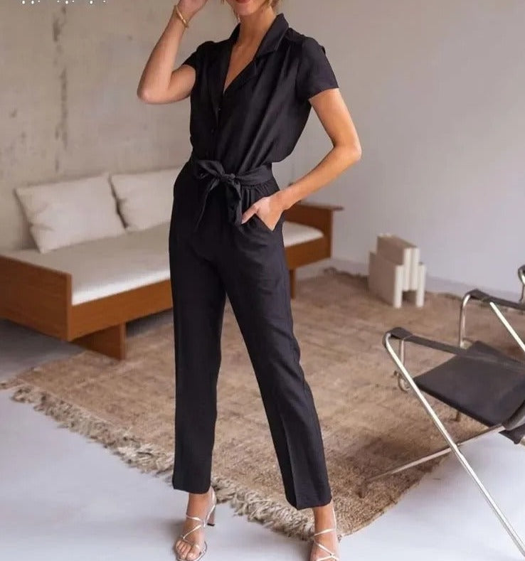 MonAmi® elegante zwarte patchwork v-hals eenvoudige broek jumpsuit