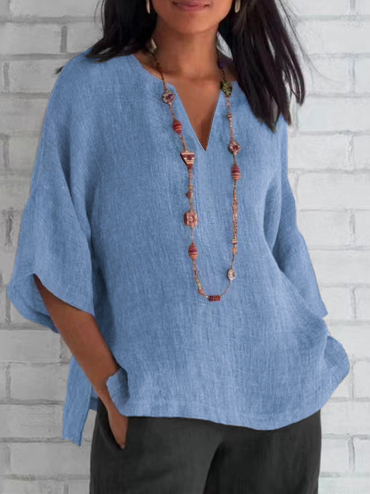 MonAmi® blauwe v-hals lichtgewicht linnen dames blouse