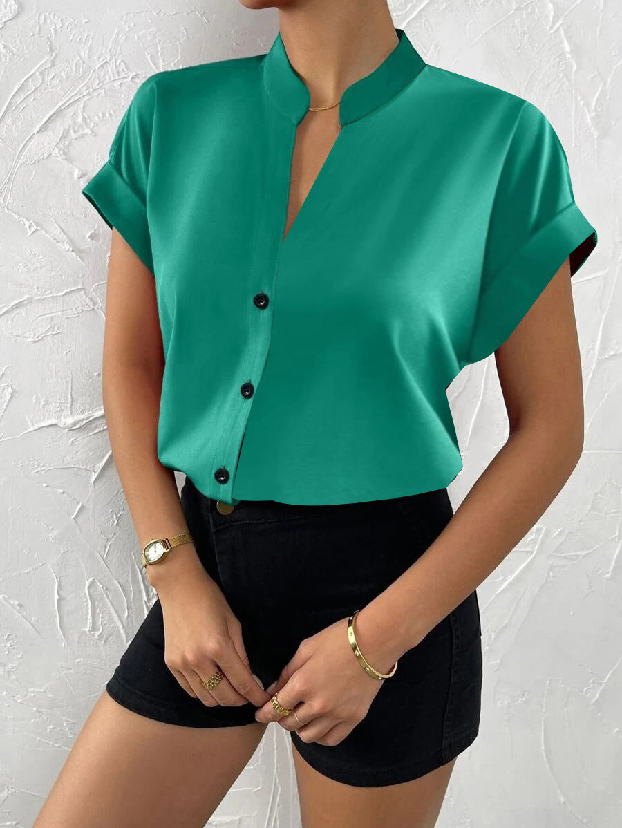 MonAmi dames blouse korte mouw Effen V-Hals Groen