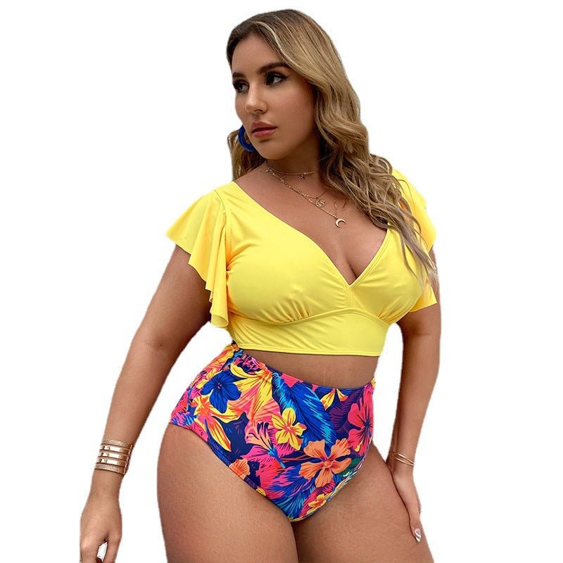 ByVera gele bloemenprint hoge taille bikini grote maten