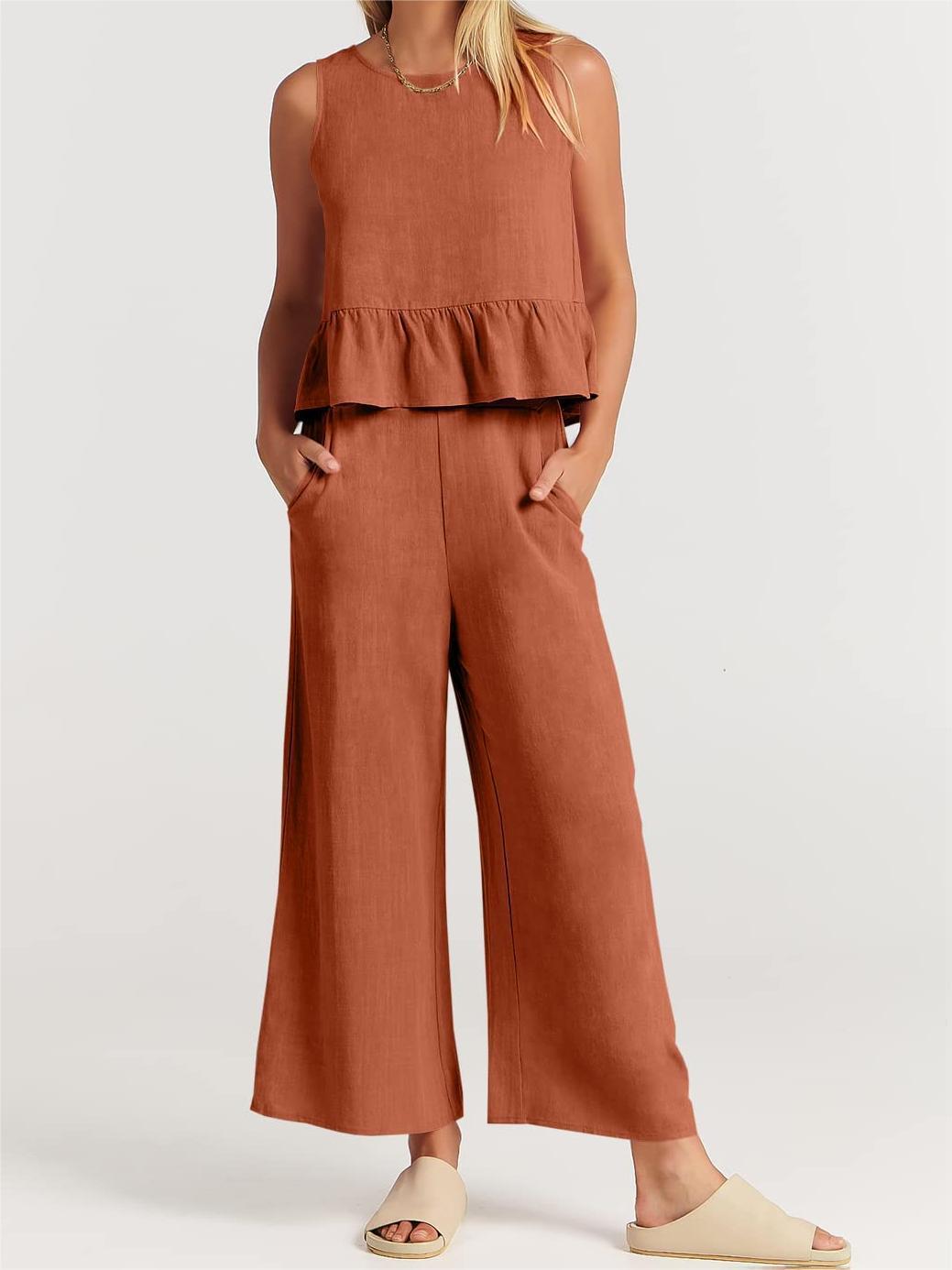MonAmi® Effen kleur mouwloos geplooid blouse en broek set