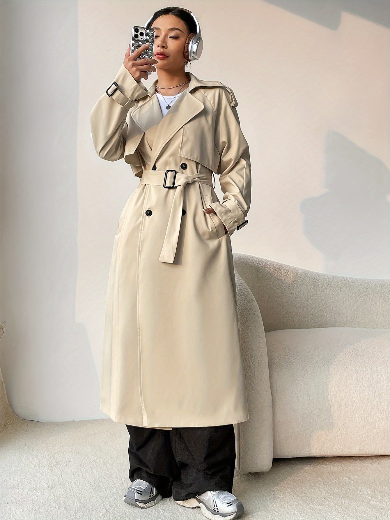 Coatela Khaki Dubbelknoop Trenchcoat - 100% Polyester, Knopen Details