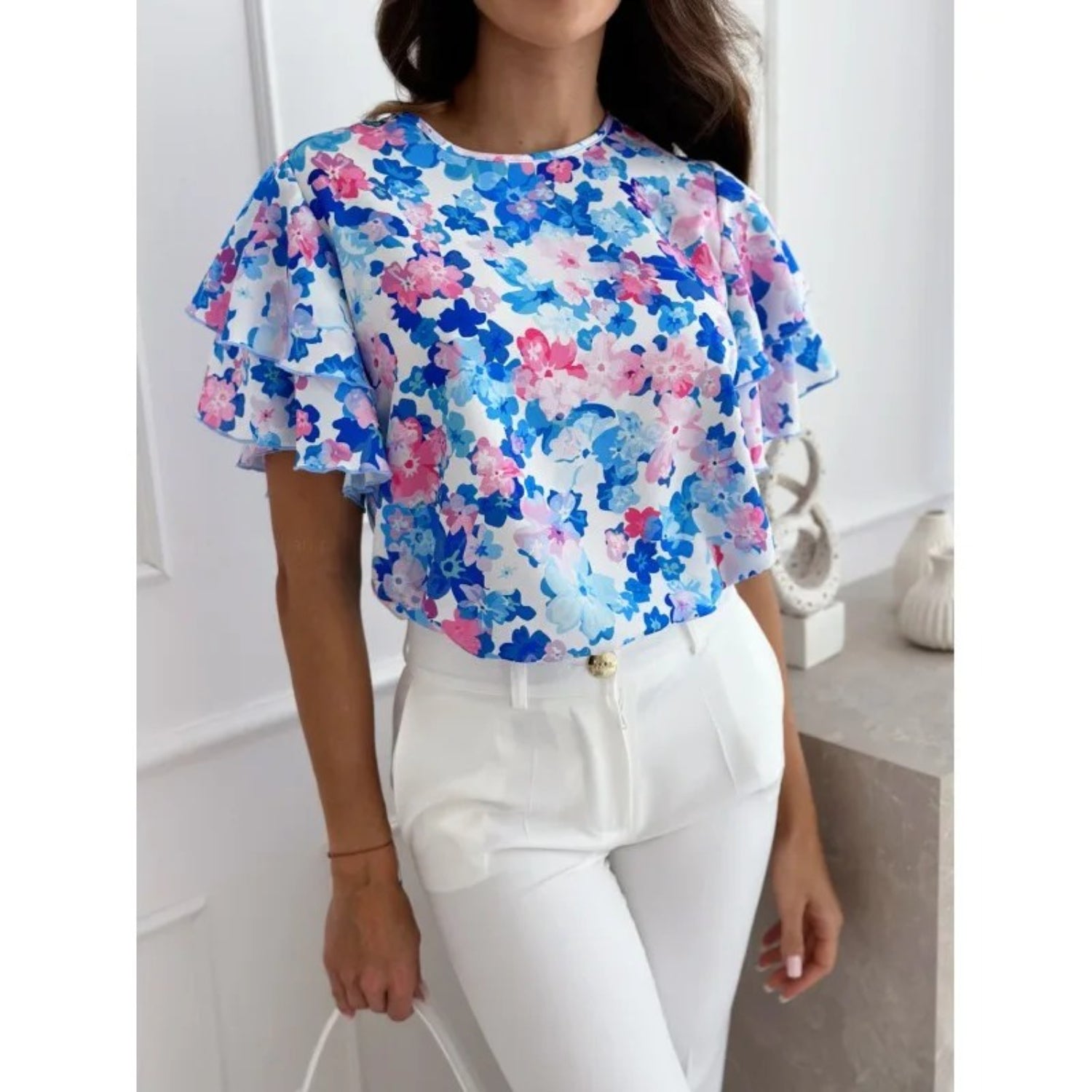 MonAmi® bloemenprint retro korte mouwen blouse met ronde hals