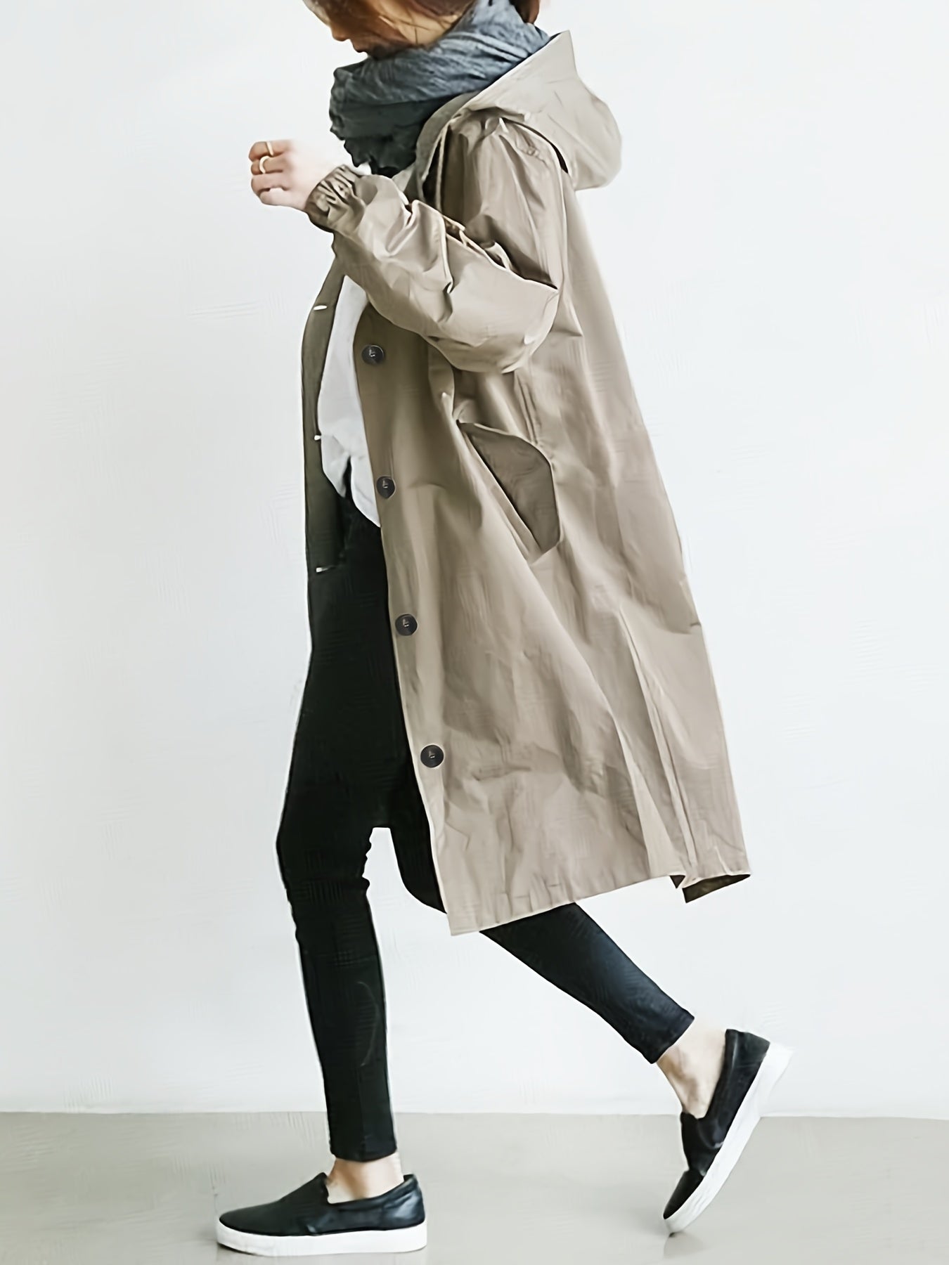 Coatela Dames Casual Lange Hooded Trenchcoat met Trekkoord en Zijzakken - Effen Kleur, Lange Mouwen