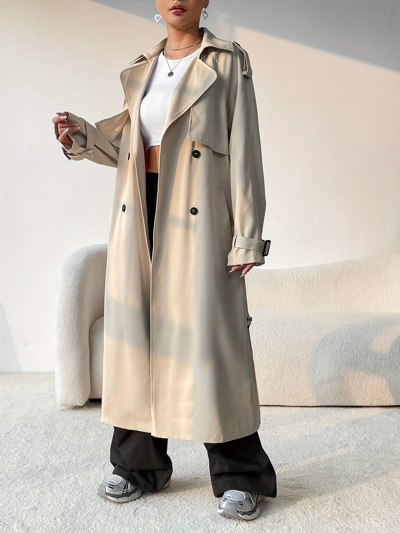 Coatela Khaki Dubbelknoop Trenchcoat - 100% Polyester, Knopen Details