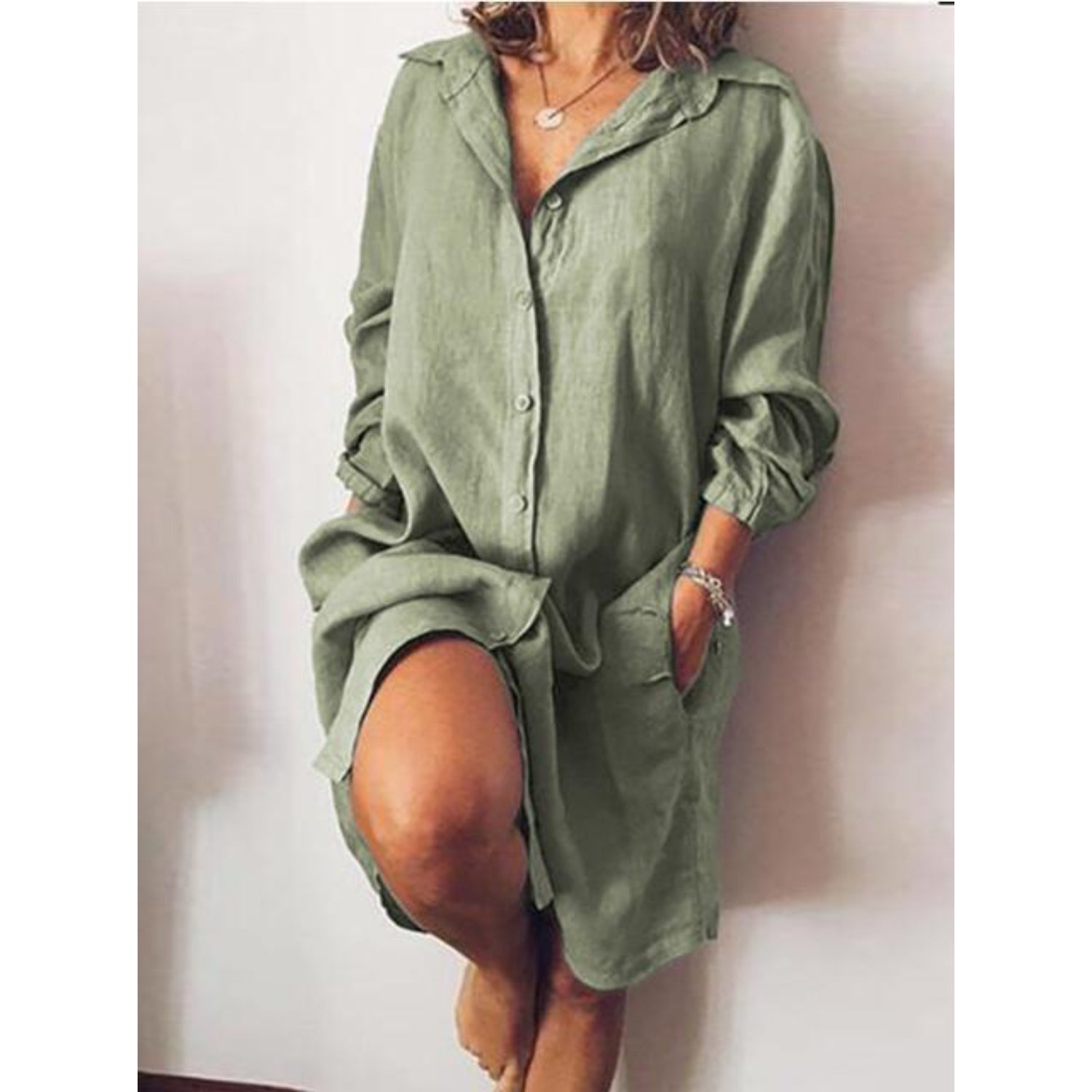 MonAmi® groene eenvoudige slanke comfortabele linnen dames blouse