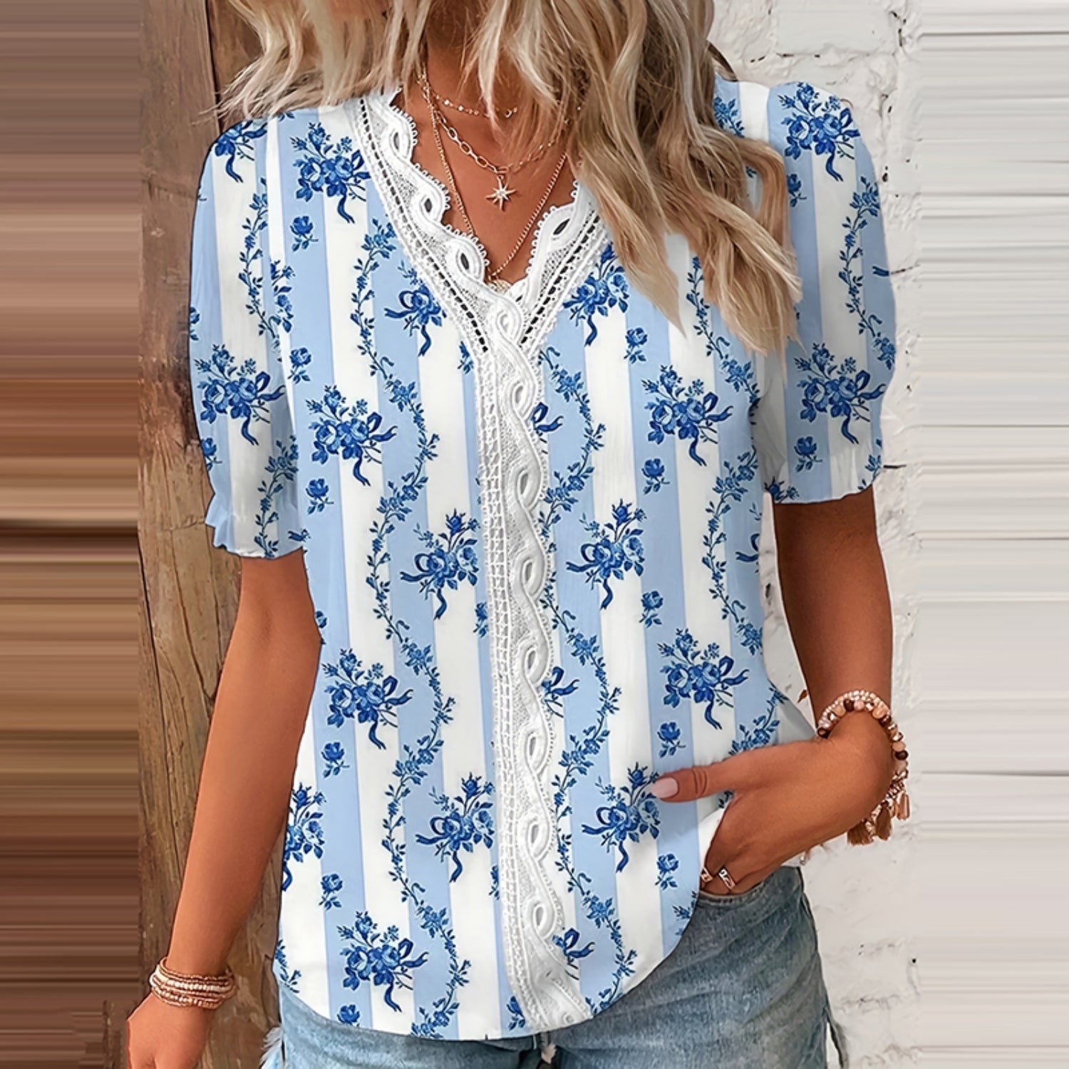 MonAmi® kanten borduursel v hals bloemenprint korte mouwen blouse