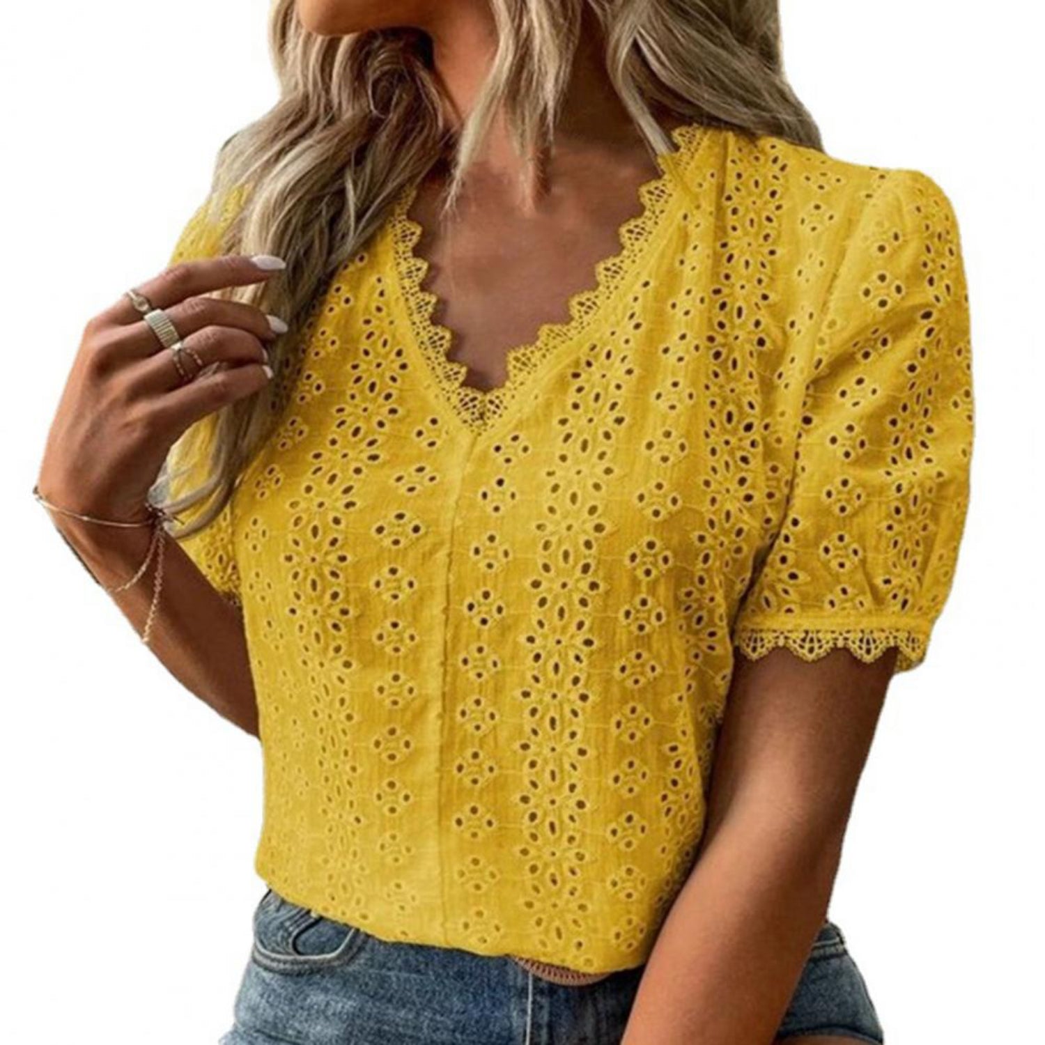 MonAmi® uitgehold ontwerp kraag kant korte mouwen blouse