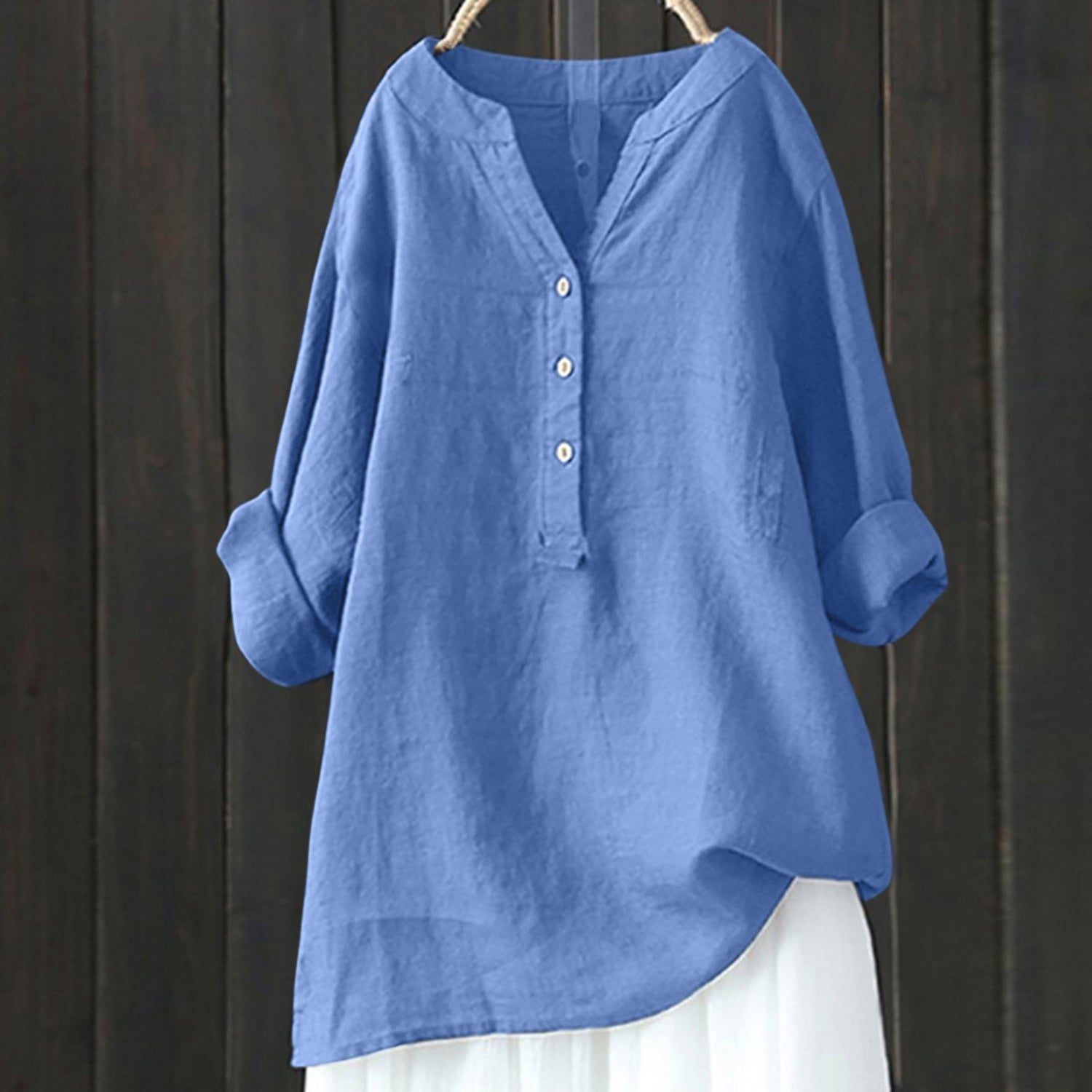 MonAmi® blauwe knoop ronde hals linnen dames blouse