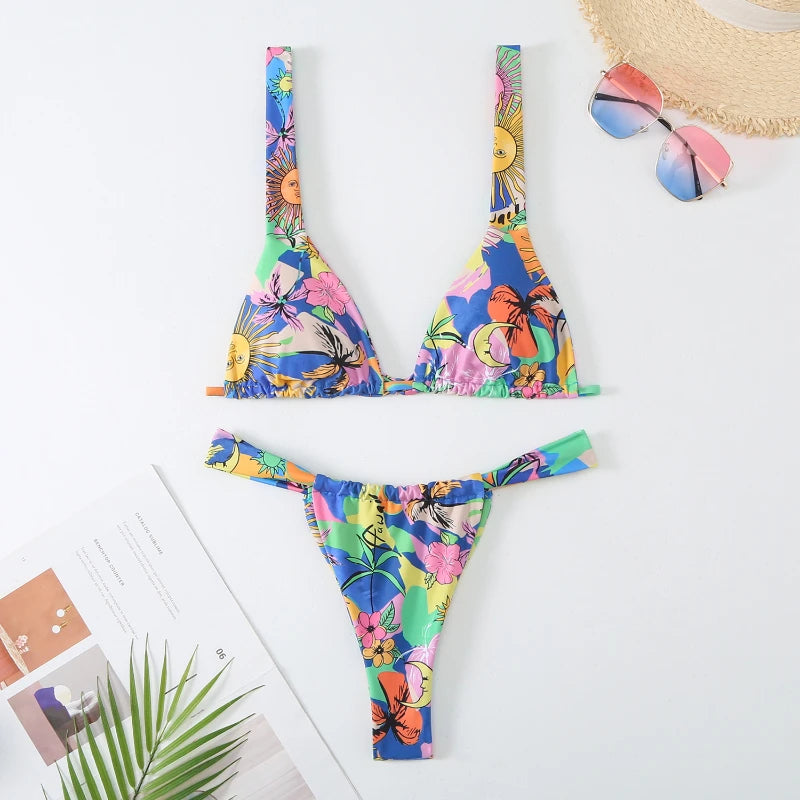 ByVera blauwe bloemenprint lage taille zachte brazilian bikini