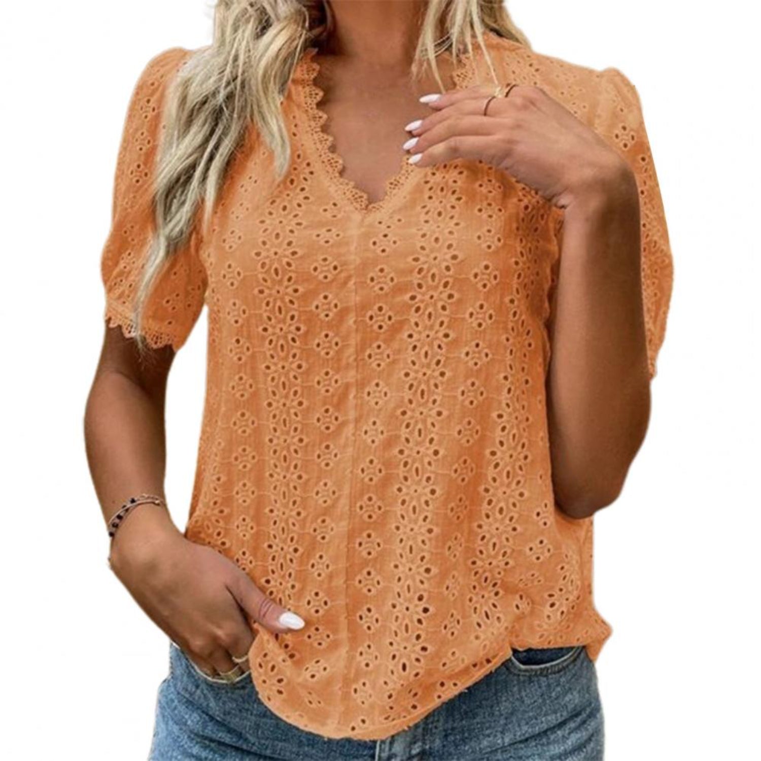 MonAmi® uitgehold ontwerp kraag kant korte mouwen blouse