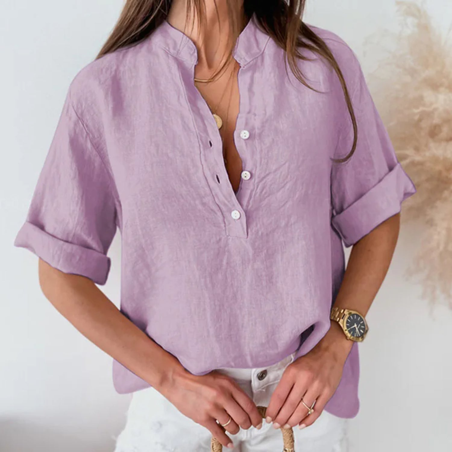 MonAmi® paarse linnen dames blouse met schildpadhals en ademend vermogen