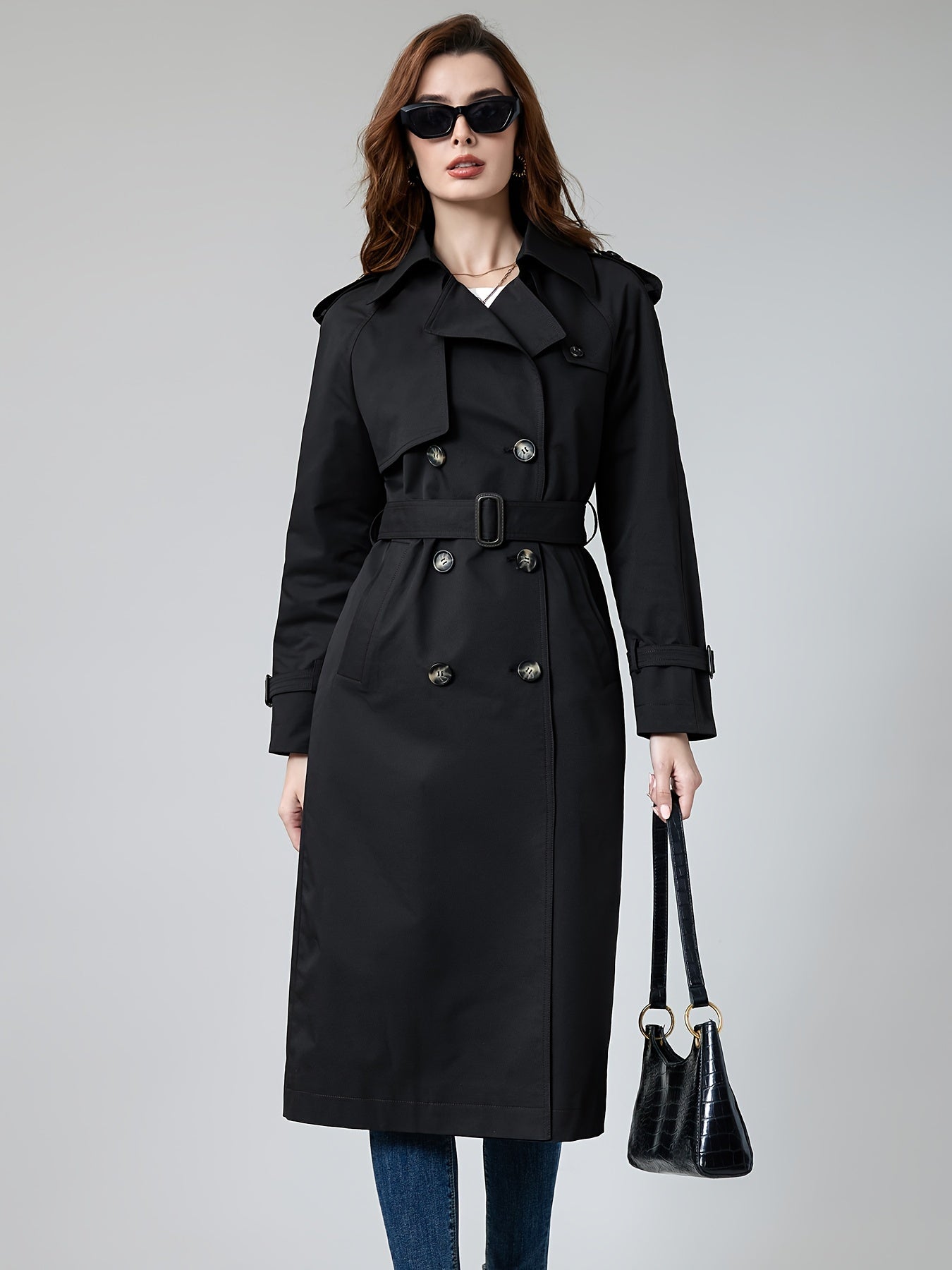 Coatela Dames Lange Dubbel Geknoopte Trenchcoat met Riem – Klassieke Getailleerde Pasvorm