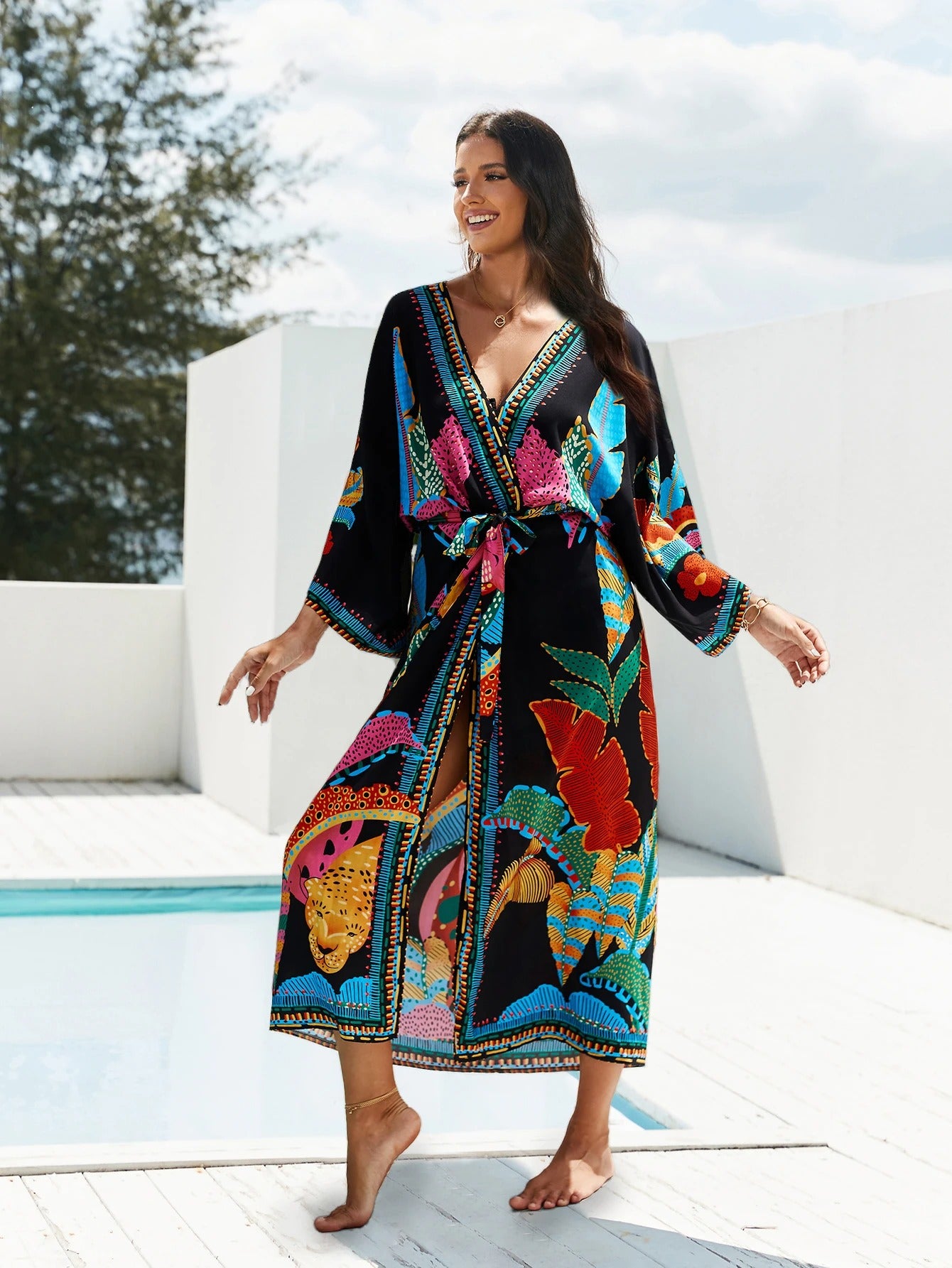 MonAmi® Bohemian print met vlechtmouwen lange kimono met open voorkant