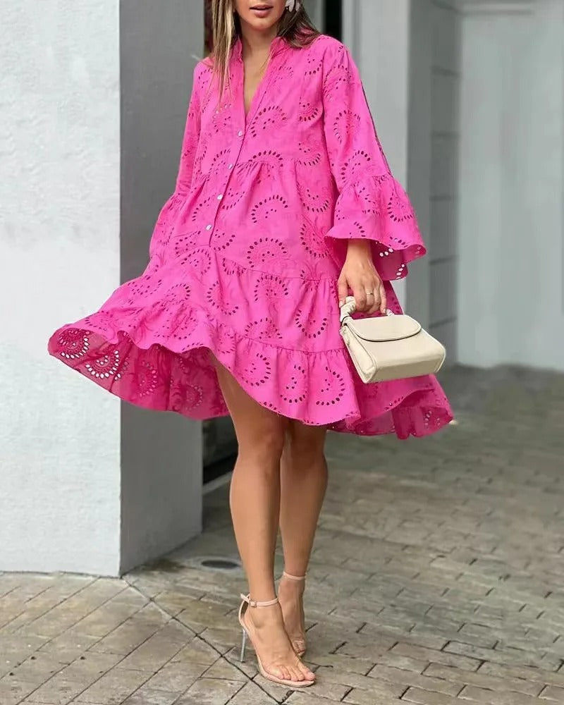 MonAmi® Vintage effen kanten jurk zomerjurk met V-hals