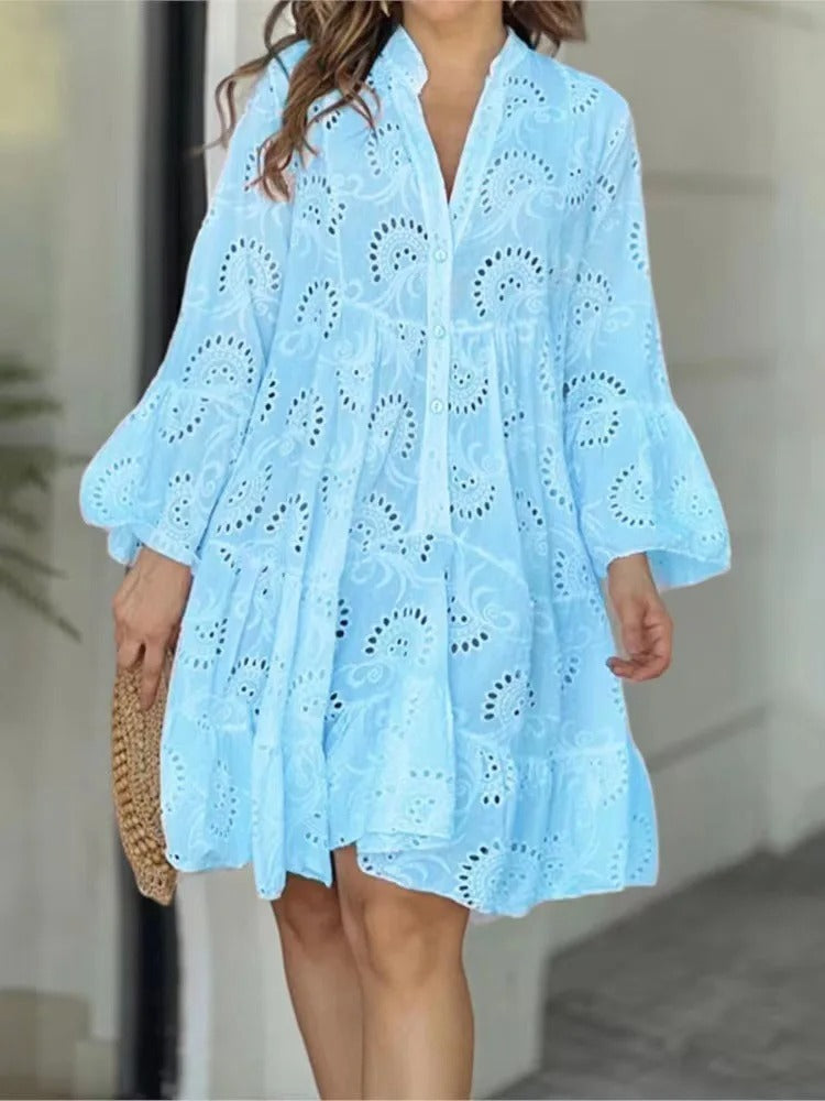 MonAmi® Vintage effen kanten jurk zomerjurk met V-hals
