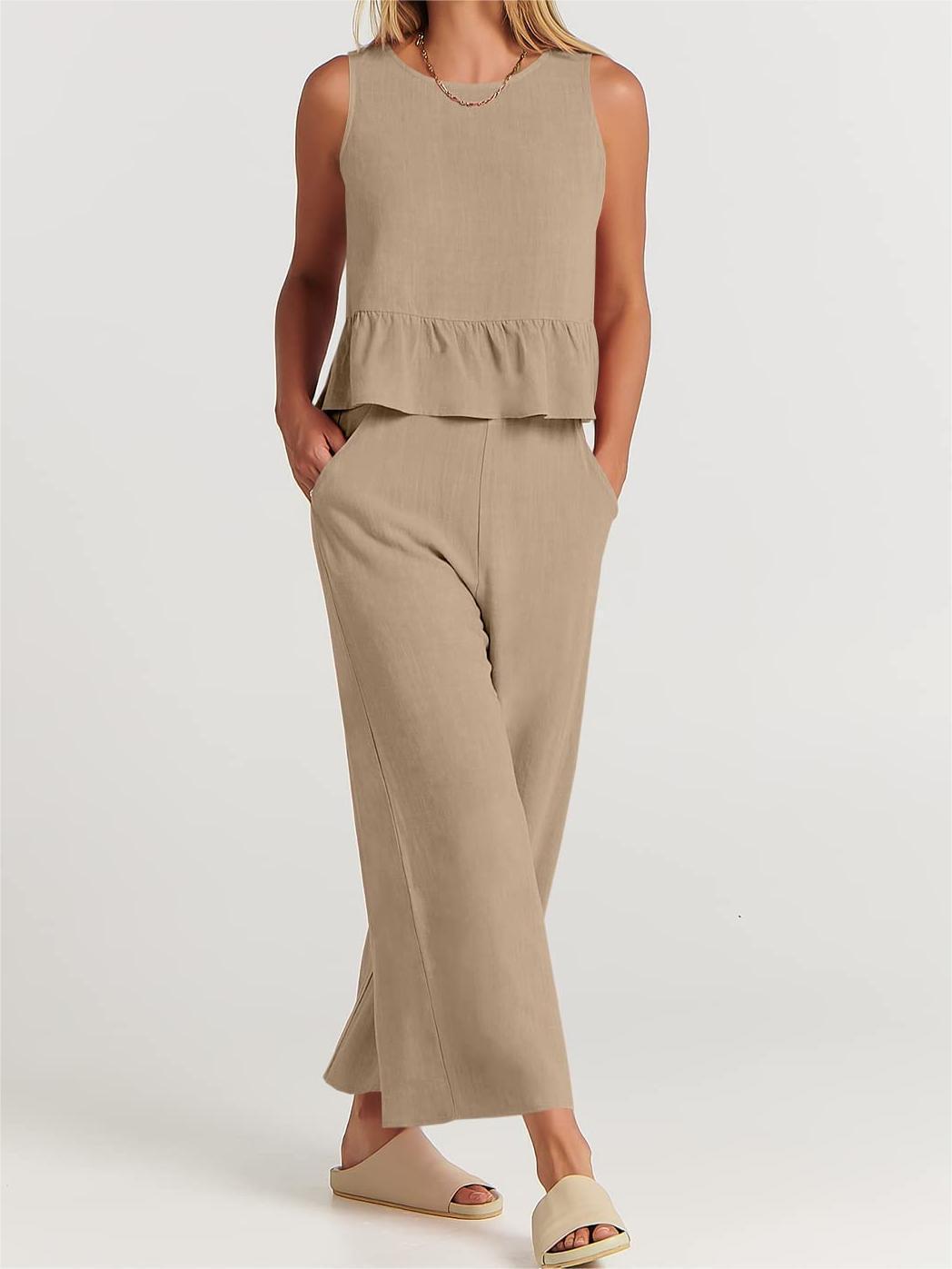 MonAmi® Effen kleur mouwloos geplooid blouse en broek set