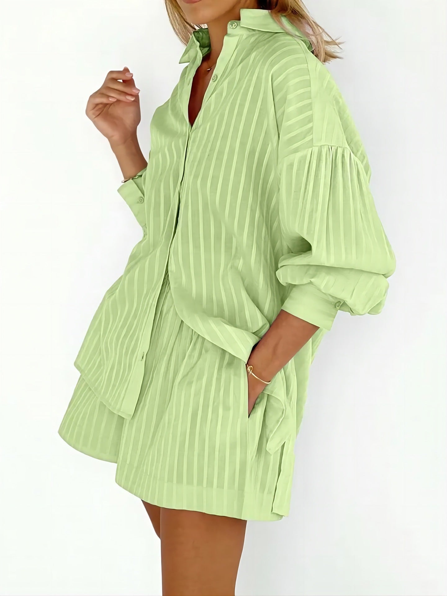 MonAmi® Gestreepte blouse en broek set in effen kleur
