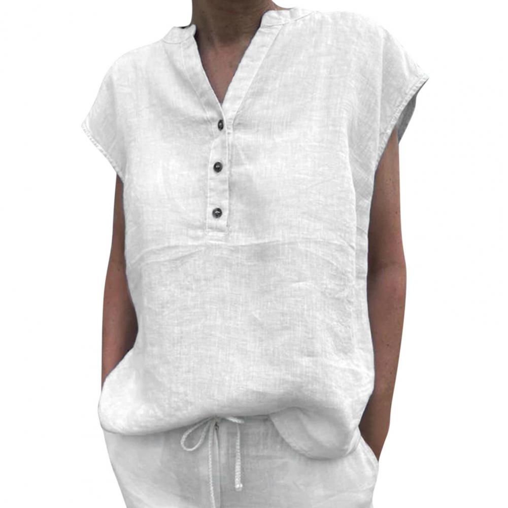 MonAmi® witte staande kraag knoop linnen dames blouse