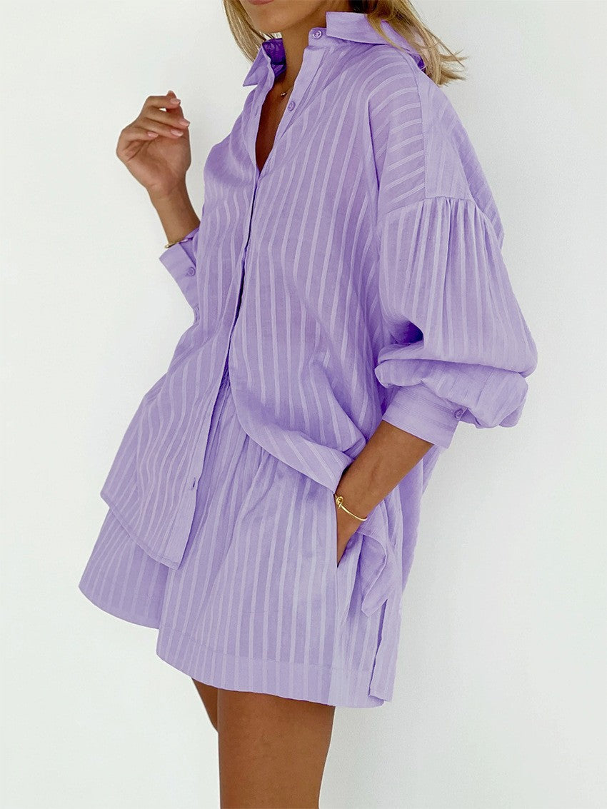 MonAmi® Gestreepte blouse en broek set in effen kleur